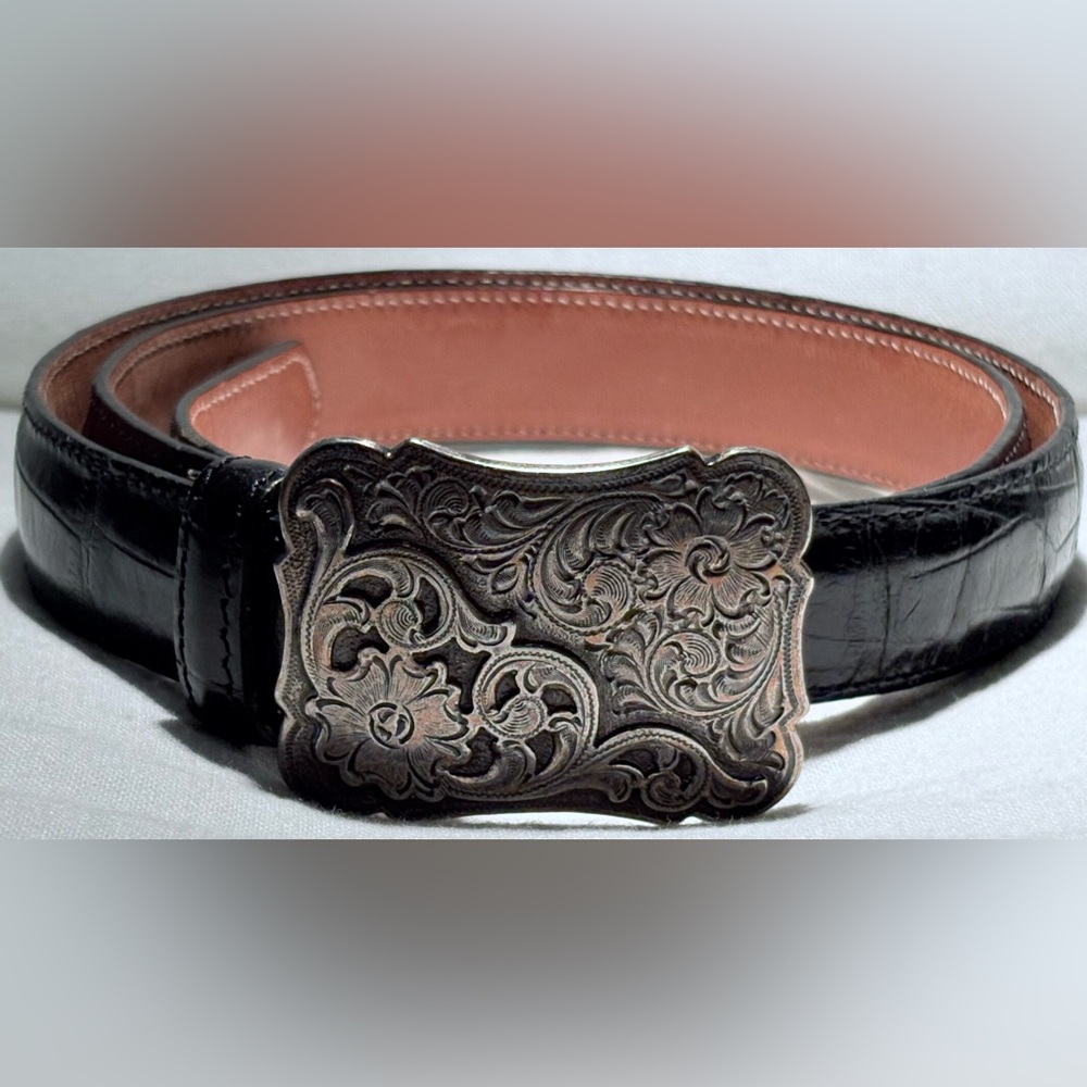 Y2K annabella Black Leather Belt with Tarnished-look Silver Buckle